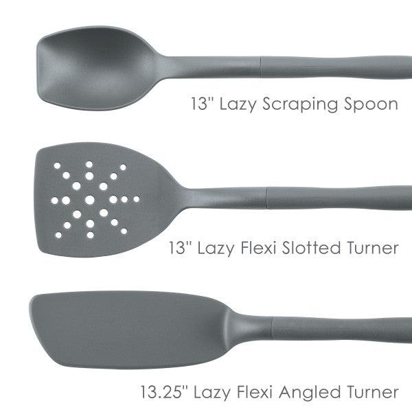 Introducing the 3-Piece Lazy Spoon and Turner Set, featuring three gray kitchen utensils made from durable nylon. Each piece is clearly labeled with its name and size, making it an ideal choice for nonstick pots and pans. These versatile tools are designed to elevate your cooking experience while safeguarding your cookware's integrity.