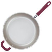 Nonstick Induction Deep Frying Pan with maroon handles on white background.