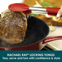 A 2-Piece Locking Tong Set expertly holds a sizzling steak in a pan, with the Rachael Ray brand label clearly visible.