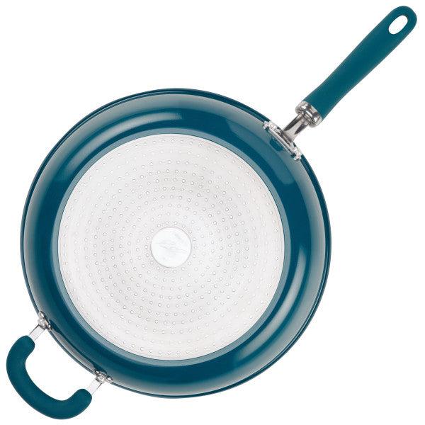 Top view of a teal Nonstick Induction Deep Frying Pan with two rubber handles.