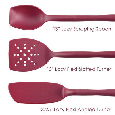 Red kitchen utensils: spoon, slotted turner, angled turner, labeled with sizes.