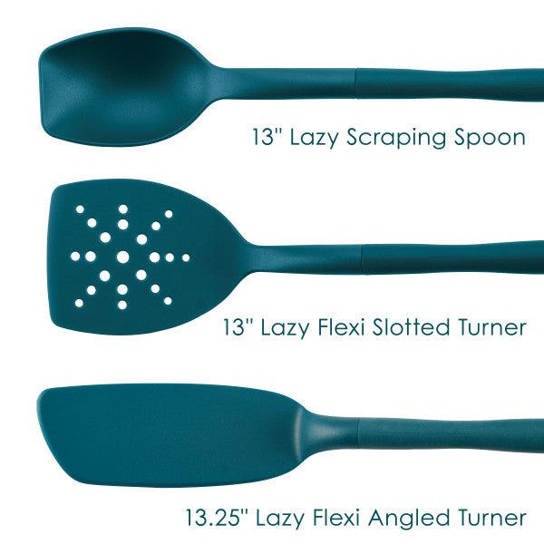 Introducing the 3-Piece Lazy Spoon and Turner Set, featuring a spoon, slotted turner, and angled turner in a vibrant teal shade. These versatile kitchen utensils are crafted from high-quality nylon for durability, making them perfect for use with nonstick pots and pans without causing any scratches.