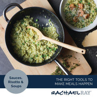 A skillet of pea risotto with a spoon on a wooden board, highlighting the 4-Quart Professional Hard Anodized Nonstick Saucier with Lid by Rachael Ray.