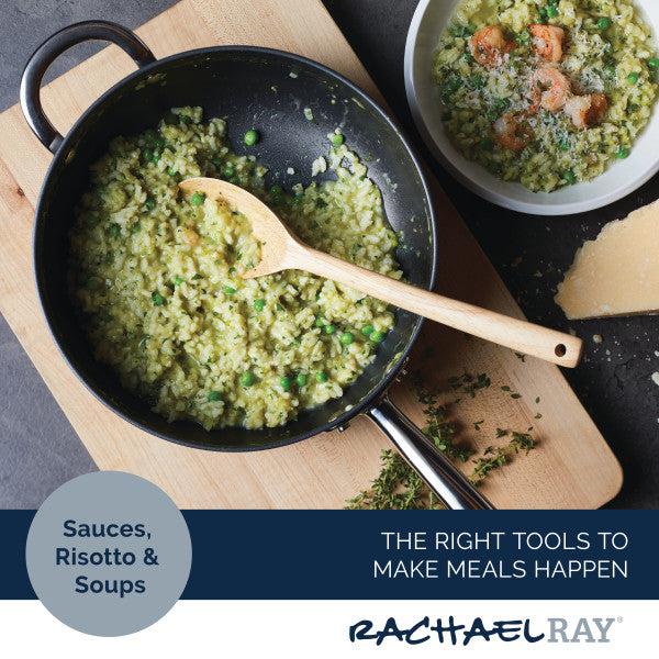 A skillet of pea risotto with a spoon on a wooden board, highlighting the 4-Quart Professional Hard Anodized Nonstick Saucier with Lid by Rachael Ray.