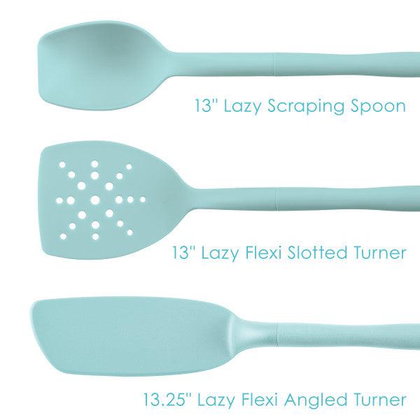 The 3-Piece Lazy Spoon and Turner Set, featuring versatile and durable turquoise kitchen utensils labeled as a spoon, slotted turner, and angled turner, is ideal for nonstick pots and pans, ensuring a seamless culinary experience.