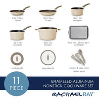Experience culinary excellence with our Cook + Create Nonstick Cookware Set. This 11-piece enameled aluminum collection includes utensils and lids, is oven-safe, scratch-resistant, and ensures durability and ease in every cooking adventure.