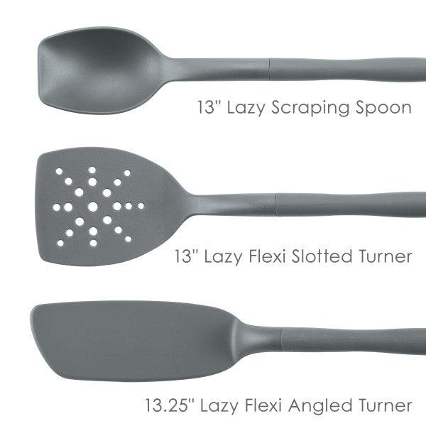 Three gray kitchen utensils: a spoon, slotted turner, and angled turner.