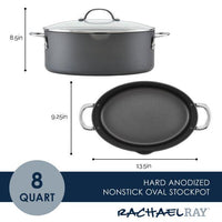 The 8-Quart Professional Nonstick Oval Hard Anodized Stockpot delivers nonstick convenience with its distinctive oval shape, making it ideal for cooking pasta and more.