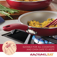 Nonstick Induction Deep Frying Pan with eggs on stove, Rachael Ray branded.