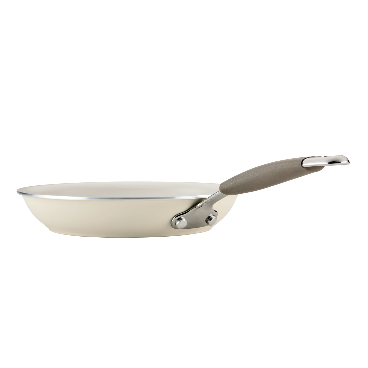 Ceramic Nonstick Frying Pan, cream-colored with gray handle, on white.