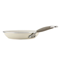 Ceramic Nonstick Frying Pan, cream-colored with gray handle, on white.