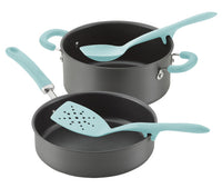 The 2-Piece Lazy Scraping Spoon and Turner set includes two black pots with blue handles and matching blue kitchen utensils, all featuring a smart lazy tool notch for a stylish and convenient heat-safe cooking experience.