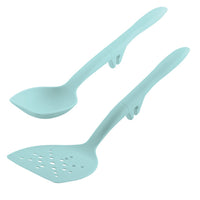 A set of two teal kitchen utensils includes a Lazy Scraping Spoon and Turner, both designed to be heat safe.