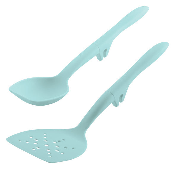 A set of two teal kitchen utensils includes a Lazy Scraping Spoon and Turner, both designed to be heat safe.