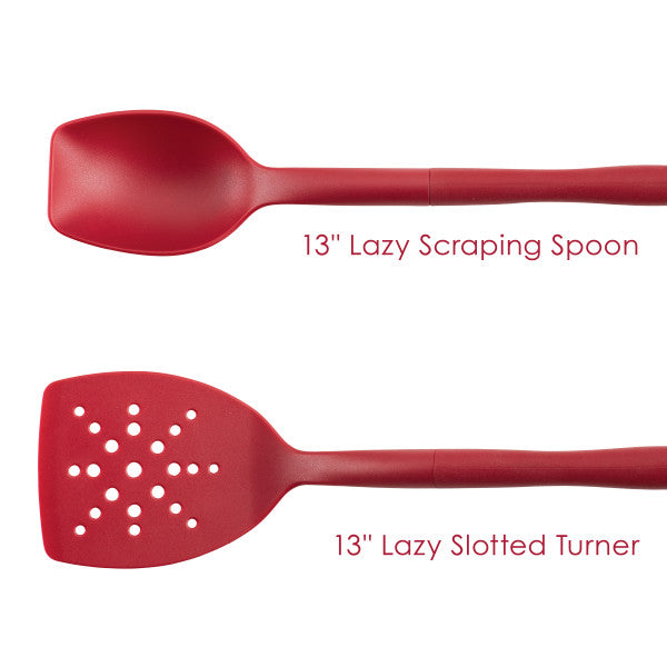 Red 13" 2-Piece Lazy Scraping Spoon and Slotted Turner set, equipped with a convenient tool notch, displayed on a white background. These heat-safe kitchen utensils combine style with functionality.