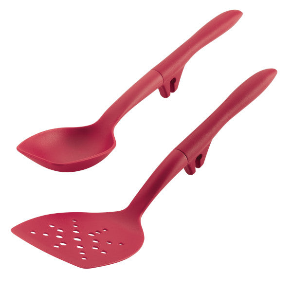 The 2-Piece Lazy Scraping Spoon and Turner set, with its vibrant red color, includes a turner and a spoon with hooks. These heat-safe utensils are ideal for any kitchen collection and feature convenient lazy tool notches that allow them to rest easily on pot edges.