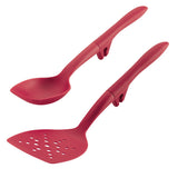 Two red kitchen utensils: a slotted spatula and a ladle.