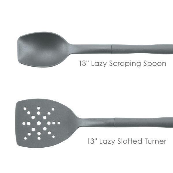 2-Piece Lazy Scraping Spoon and Turner in gray, featuring a heat-safe notch, set against a white background.