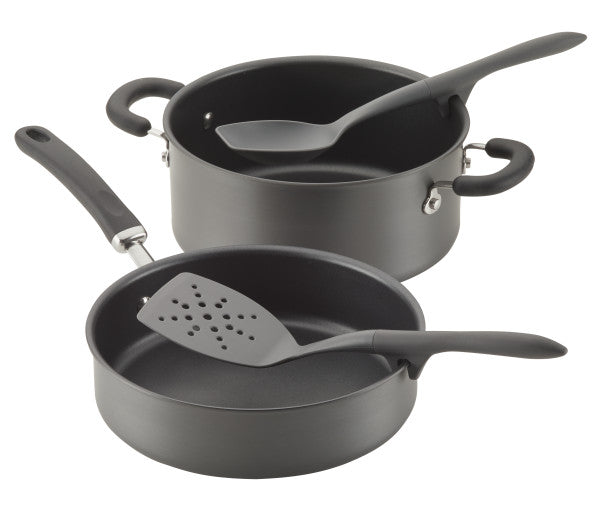 The 2-Piece Lazy Scraping Spoon and Turner set includes two black non-stick pans, each equipped with a spatula and a spoon featuring lazy tool notches. These kitchen utensils are designed for convenience and efficiency, being heat safe and perfect for any culinary adventure.