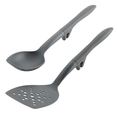 Introducing the 2-Piece Lazy Scraping Spoon and Turner in gray, tailored for culinary convenience. This set includes a versatile spoon and a slotted spatula, both designed to withstand high heat, making them ideal for any cooking endeavor. With the innovative lazy tool notch feature, they effortlessly rest on the pot's edge, helping to maintain an organized kitchen.