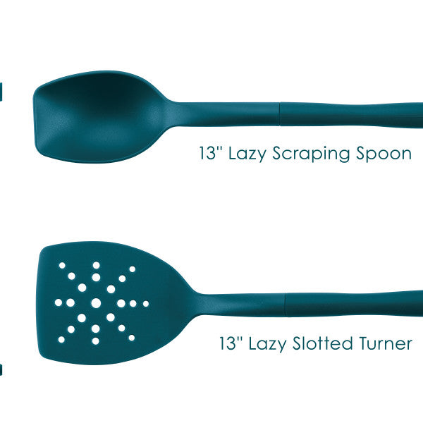 Teal 13" lazy scraping spoon and slotted turner with notches.
