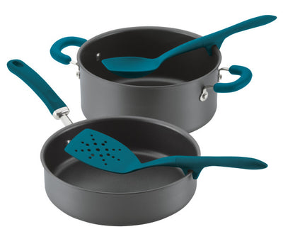 Two black pots with teal silicone handles and matching utensils.