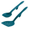 A 2-Piece Lazy Scraping Spoon and Turner, both in teal, featuring a convenient lazy tool notch: comprising a heat-safe slotted spatula and spoon.