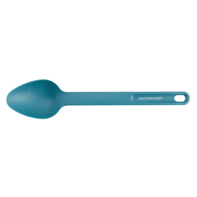 Teal silicone spoon with a hole in the handle.