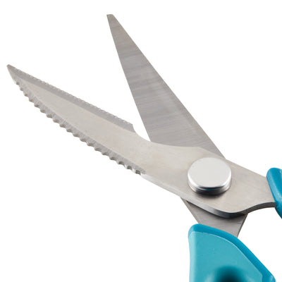 Close-up of open blue-handled scissors with serrated blades.