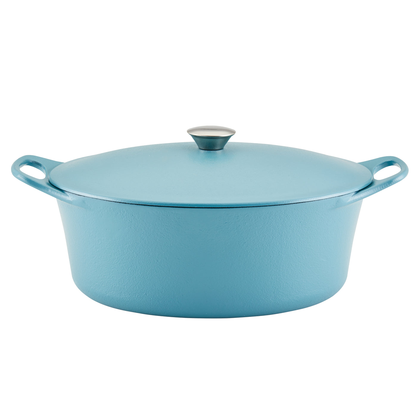 Blue cast iron dutch oven with lid and two handles.
