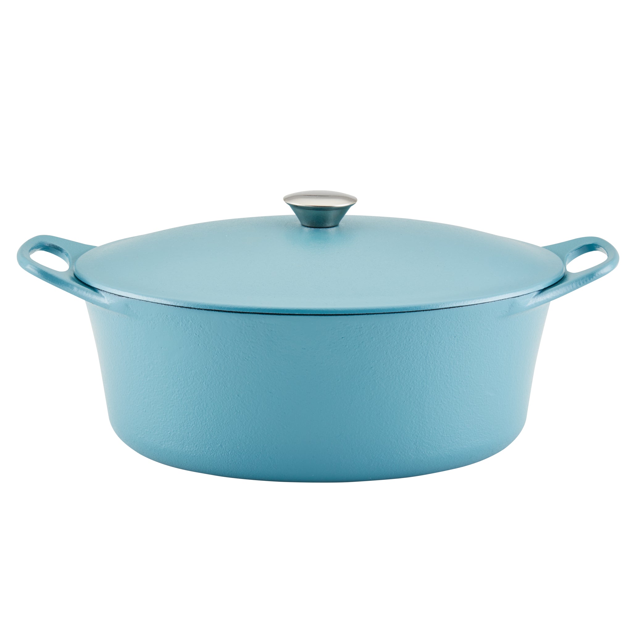 Blue cast iron dutch oven with lid and two handles.