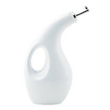 White, curvy oil dispenser with a handle and metal pour spout.