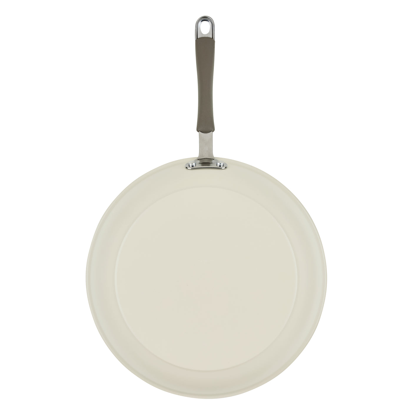 Top view of Ceramic Nonstick Frying Pan in cream with a dark handle.