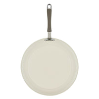 Top view of Ceramic Nonstick Frying Pan in cream with a dark handle.