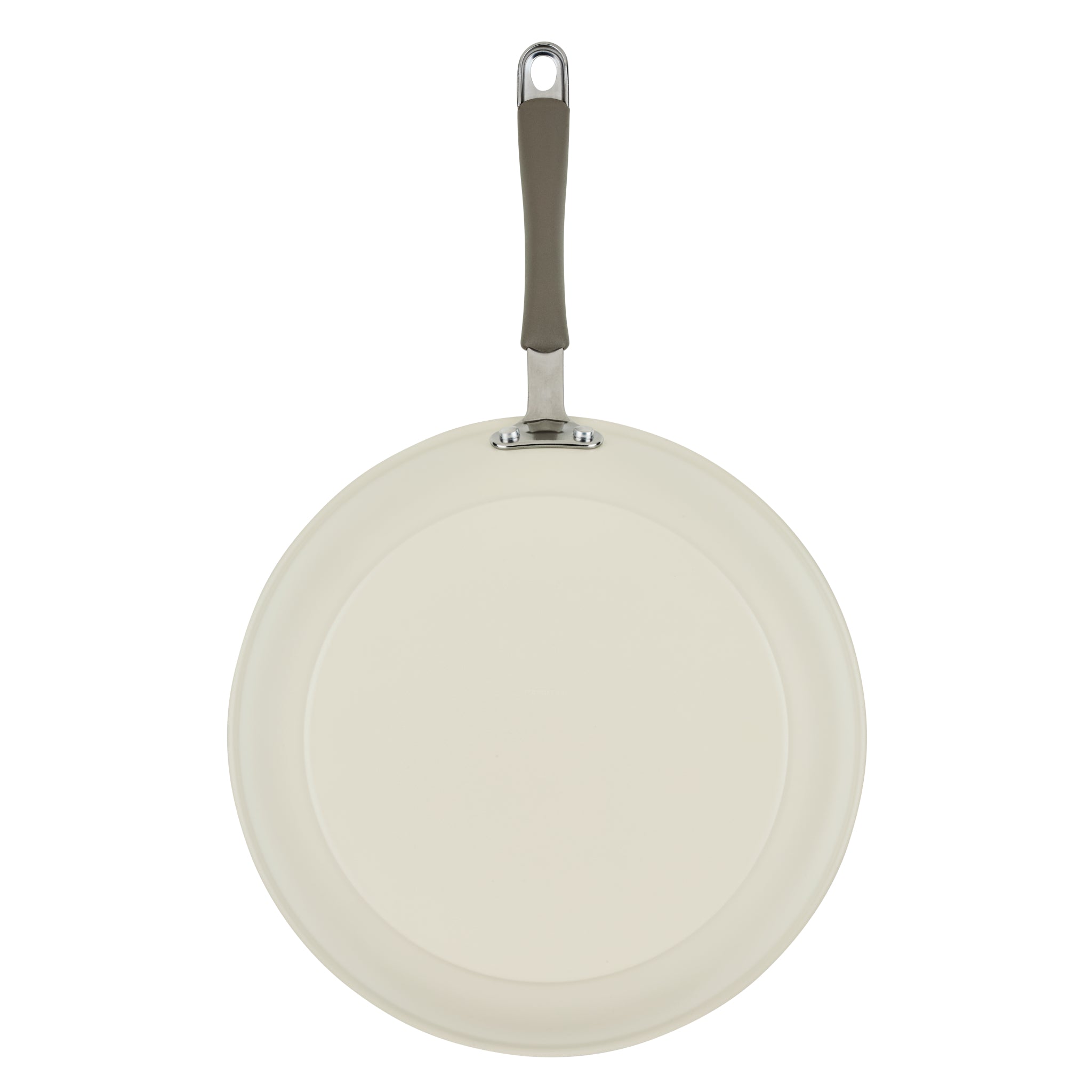 Top view of Ceramic Nonstick Frying Pan in cream with a dark handle.