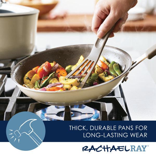 Using the Cook + Create Nonstick Frying Pan on your stove with a spatula guarantees even heat distribution and makes flipping vegetables effortless.