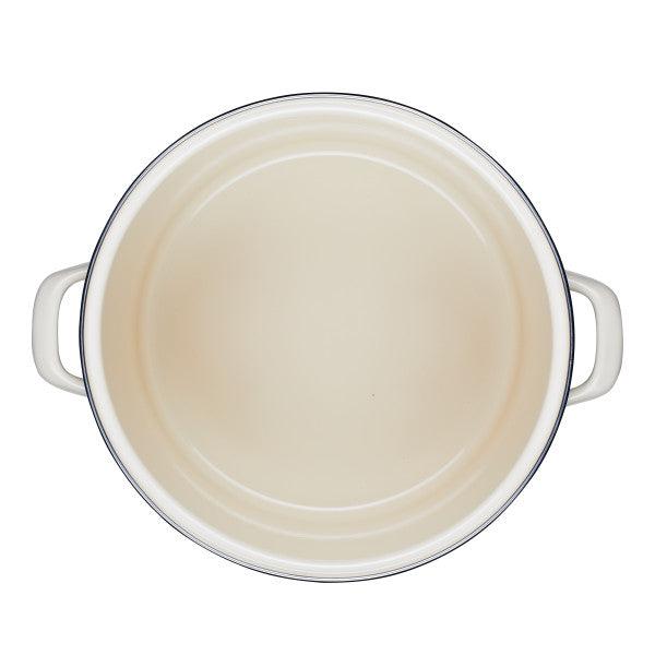 Top view of an empty, round, cream-colored 12-Quart Induction Enamel Stockpot with two side handles, perfect for preparing family-sized portions.