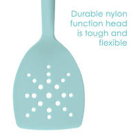 Introducing the light blue perforated nylon spatula from the 3-Piece Lazy Spoon and Turner Set, designed to be versatile and durable with its flexible design, making it ideal for nonstick pots and pans.