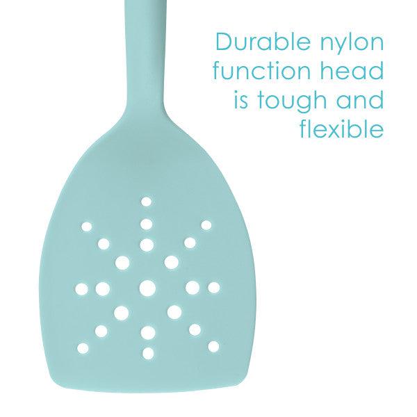 Introducing the light blue perforated nylon spatula from the 3-Piece Lazy Spoon and Turner Set, designed to be versatile and durable with its flexible design, making it ideal for nonstick pots and pans.