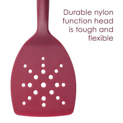 Red nylon slotted spatula with star pattern and text description.