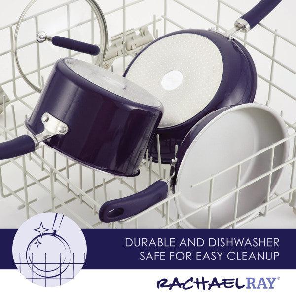 13-Piece Nonstick Induction Cookware Set placed in dishwasher rack for cleaning.