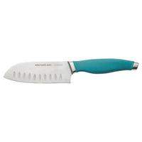 A piece from the 6-Piece Knife Block Set, a santoku knife crafted with Japanese stainless steel and adorned with a turquoise handle, rests gracefully on a white background.