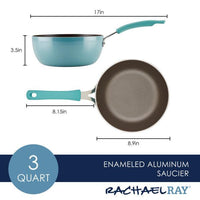 Blue 3-Quart Cook + Create Nonstick Saucier Pan featuring enameled aluminum with measurement markings displayed.