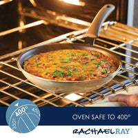 In the oven, the skillet from the Cook + Create Nonstick Cookware Sets is labeled "oven safe to 400°" and features Rachael Ray's logo; this cookware is also noted for its exceptional scratch resistance.