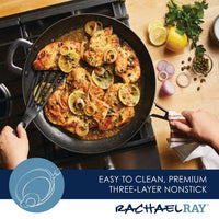 A person is whipping up lemon chicken with herbs and onions using the Cook + Create Hard Anodized Nonstick Frying Pan, taking advantage of its robust hard-anodized aluminum for uniform heat distribution. The nonstick surface allows for easy food release and hassle-free cleanup.