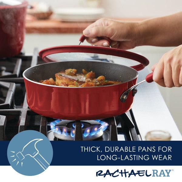 The 3-Quart Cook + Create Nonstick Sauté Pan with Lid is on the stove, its handle lifted, effortlessly cooking food on its nonstick surface.