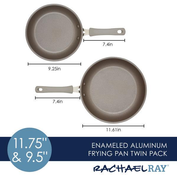 The 2-Piece Cook + Create Nonstick Frying Pan Set by Rachael Ray includes two aluminum frying pans measuring 9.25" and 11.61", each equipped with comfortable handles.