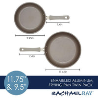 The 2-Piece Cook + Create Nonstick Frying Pan Set by Rachael Ray includes two aluminum frying pans measuring 9.25" and 11.61", each equipped with comfortable handles.