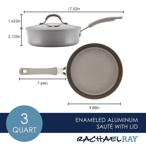 The 3-Quart Cook + Create Nonstick Sauté Pan with Lid boasts an enameled aluminum construction complemented by a nonstick cooking surface, ensuring effortless cooking and cleaning. It includes a matching lid, is scratch-resistant, and showcases the brand logo, merging functionality with style.