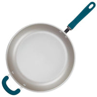 Nonstick Induction Deep Frying Pan with teal handles shown from above on white.